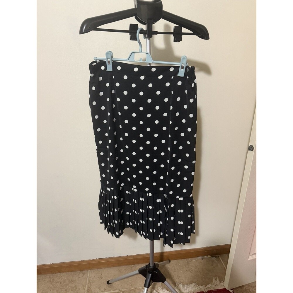 Tulip B Womens L Black White Polka Dot Pleated Midi Skirt Elastic Waist